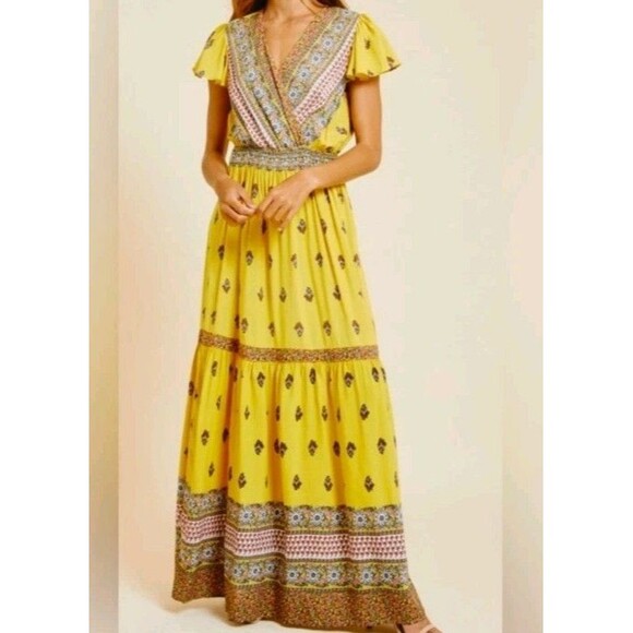 Ces Femme Dress Size L Maxi Boho Festival Yellow Crossover V Neck Front Floral - Picture 1 of 10